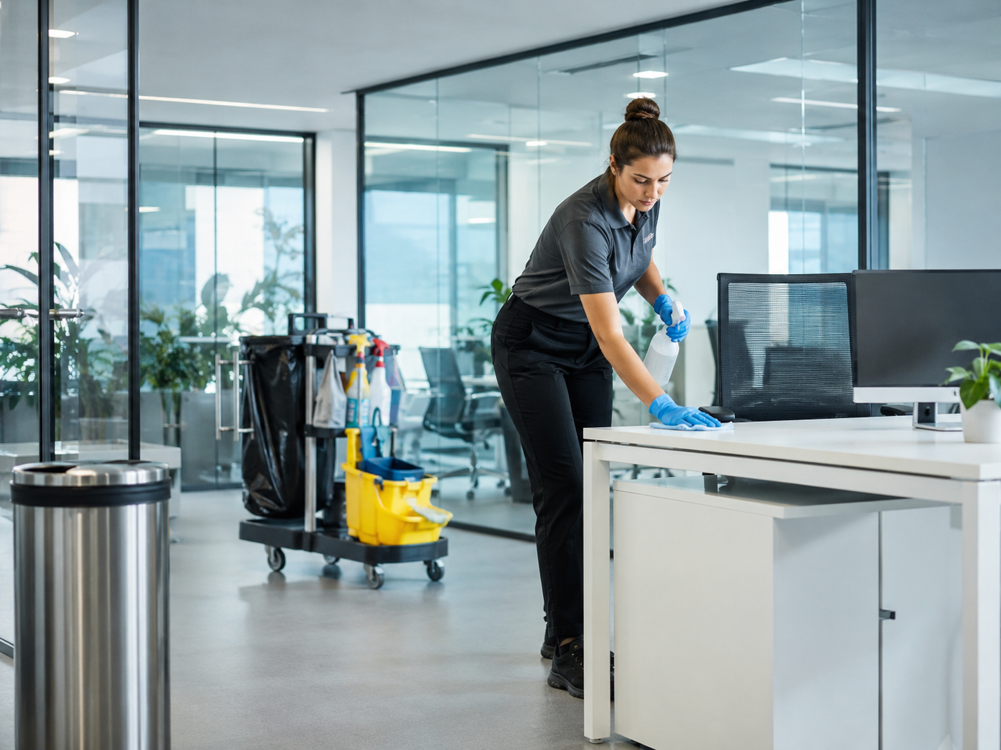 M&G Maintenance team member cleaning an office workspace