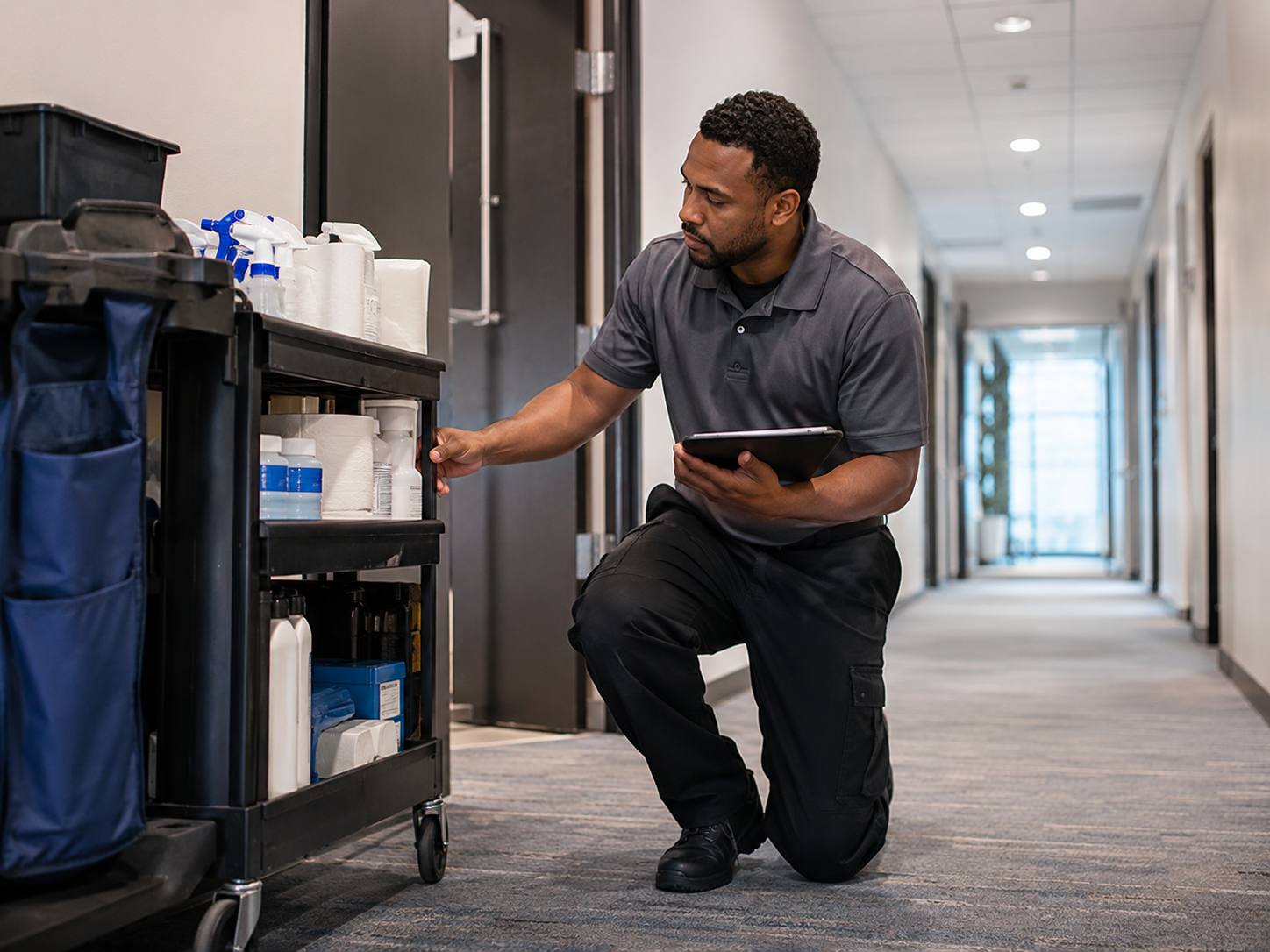 M&G Maintenance team member conducting a supply inspection in a commercial hallway