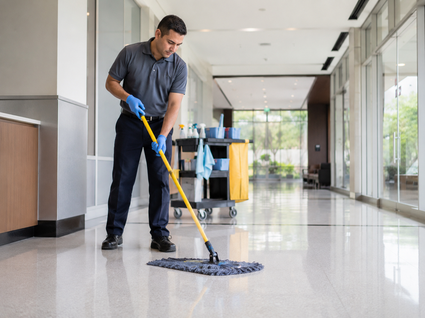 M&G Maintenance team member mopping a commercial hallway floor
