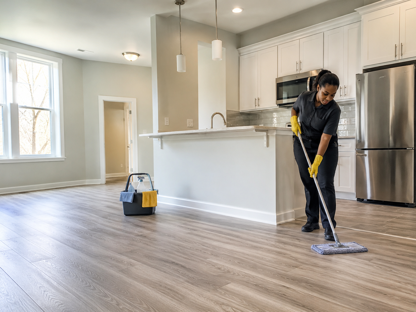 M&G Maintenance team member mopping floors in an empty residential unit