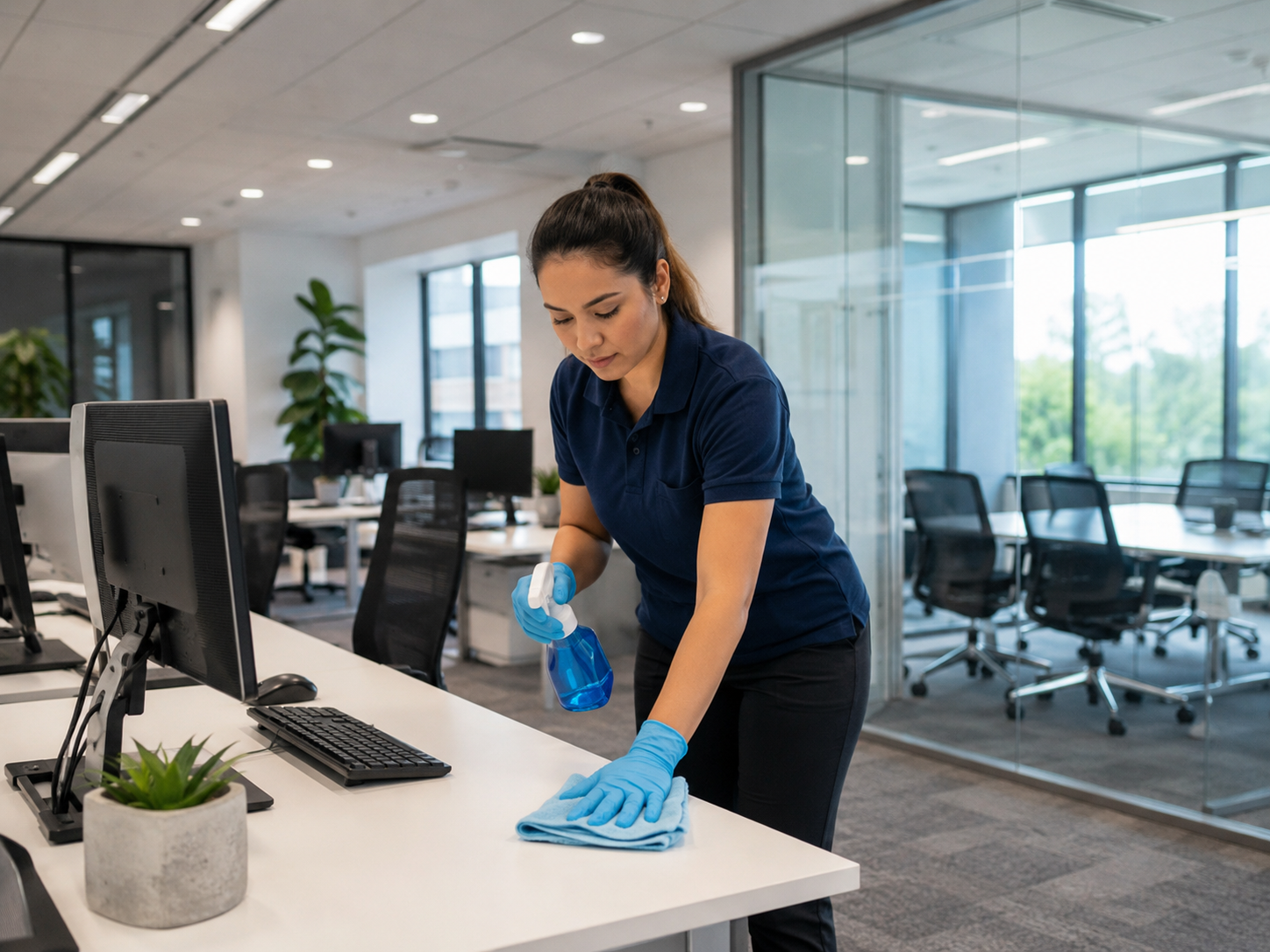 M&G Maintenance team member disinfecting an office desk