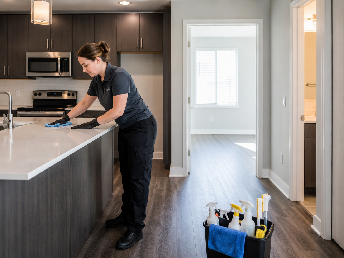 M&G Maintenance team member cleaning a residential kitchen during property turnover